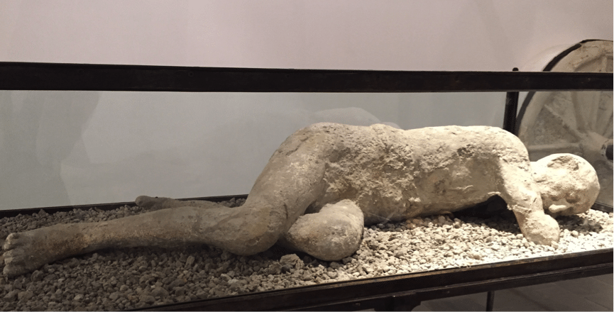 One of the approximately 100 plaster casts of humans and animals on display in Pompeii.